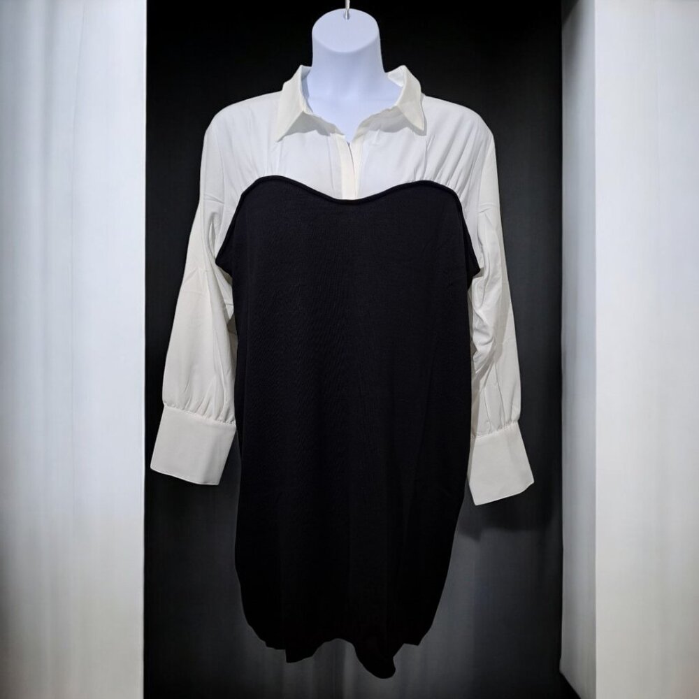 Ashley Stewart Size 22-24 Poplin Paneled Sweater Dress Black / White NWT